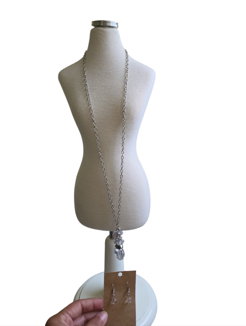 Silver Toned Crystal Pendant Long Necklace and Earrings Set 20"